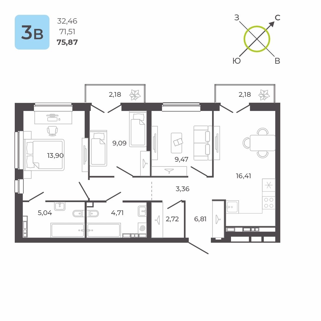 3-комнатная, 75.9 м², 11 этаж из 23, ЖК «КВАРТАЛ 12»