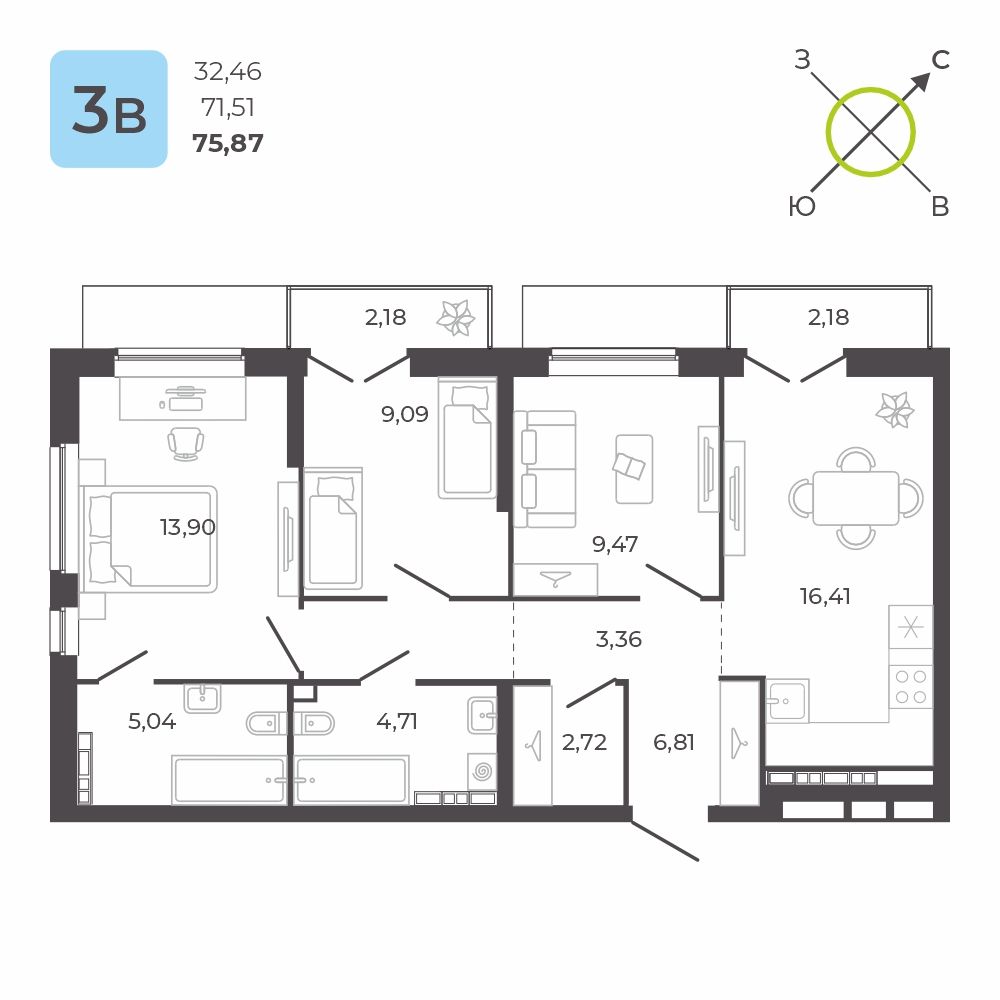 3-комнатная квартира, 75.87 кв.м, ЖК «КВАРТАЛ 12» 3-комнатная квартира, 75.87 кв.м, ЖК «КВАРТАЛ 12»