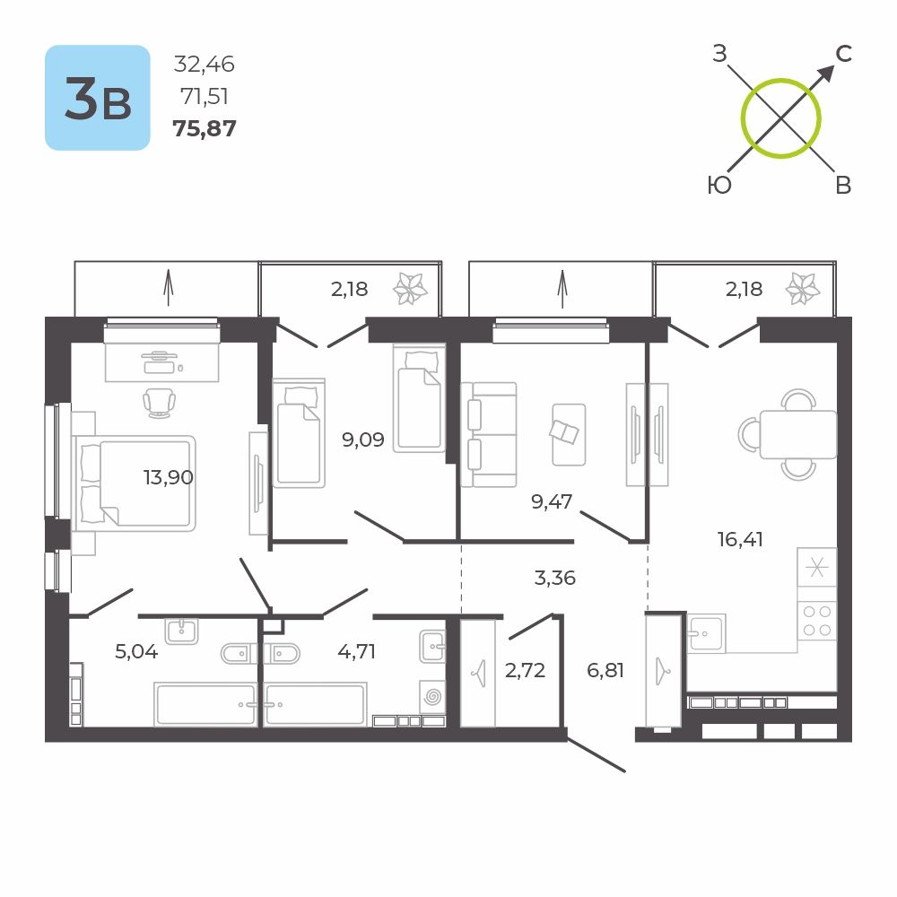 3-комнатная квартира, 75.87 кв.м, ЖК «КВАРТАЛ 12»