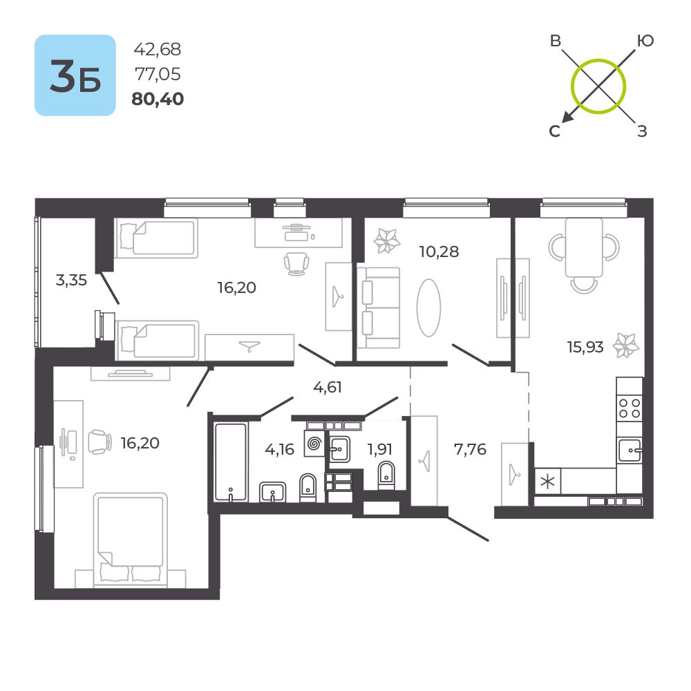 3-комнатная квартира, 80.4 кв.м, ЖК «КВАРТАЛ 12»