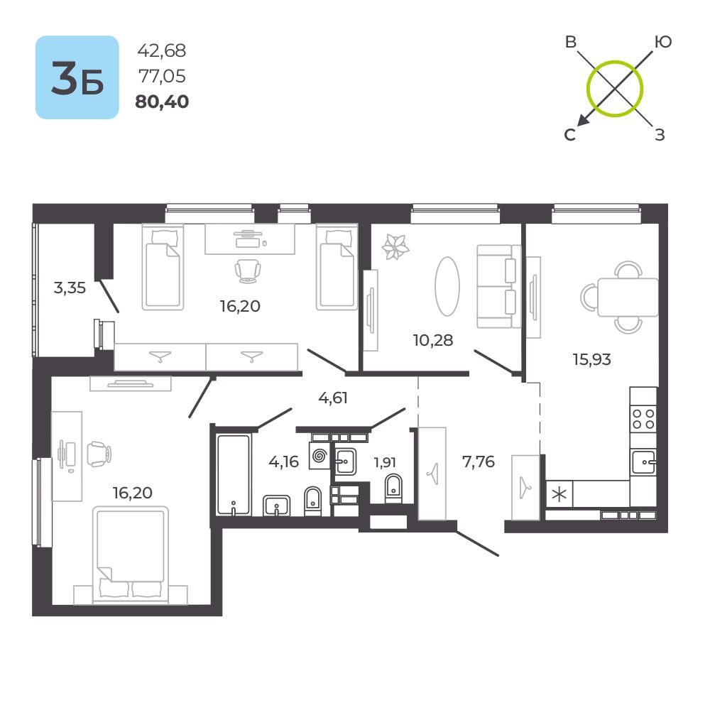 3-комнатная квартира, 78.73 кв.м, ЖК «КВАРТАЛ 12»