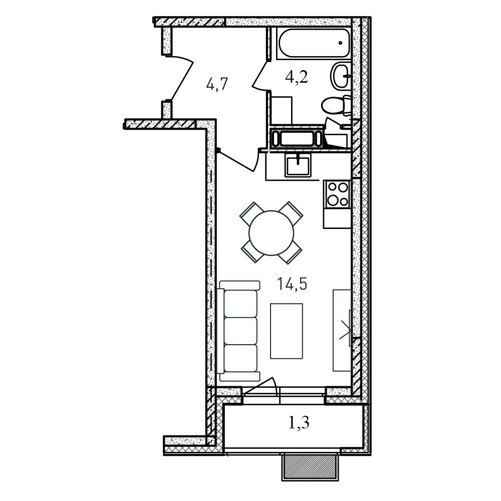 студия, 24.7 м² 1