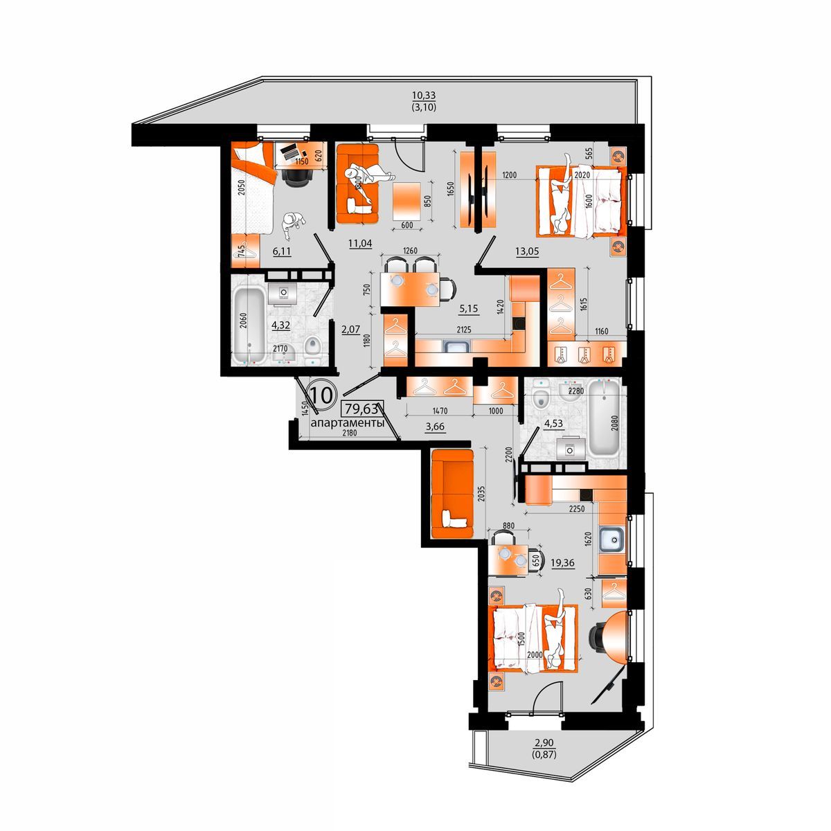 4-комнатная, 79.63 м², № Д-10 в Sunrise (Санрайс)