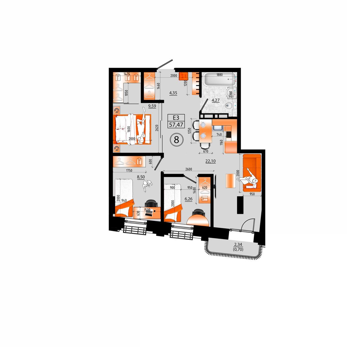 3-комнатная, 57.47 м², № Е-8 в Sunrise (Санрайс)