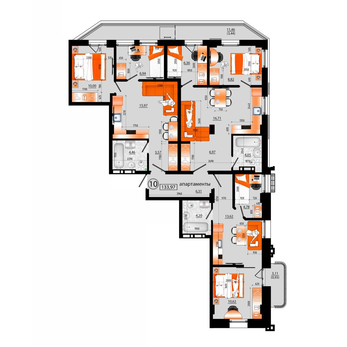 1-комнатная, 133.97 м², № А-10 в Sunrise (Санрайс)
