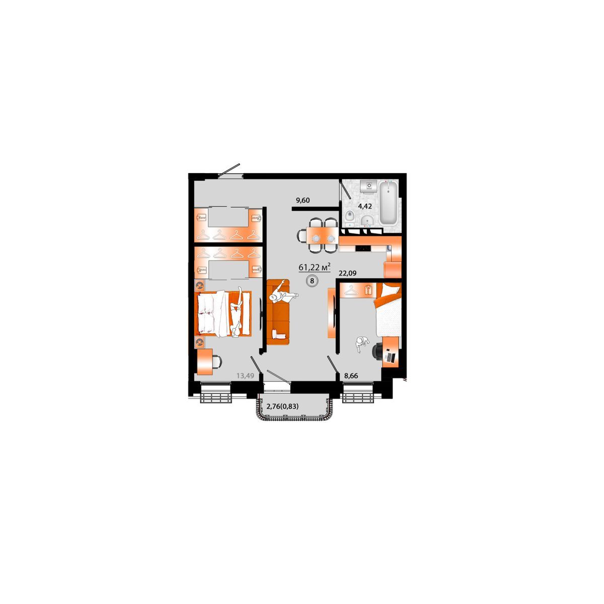 3-комнатная, 61.26 м², № Г-8 в Sunrise (Санрайс)