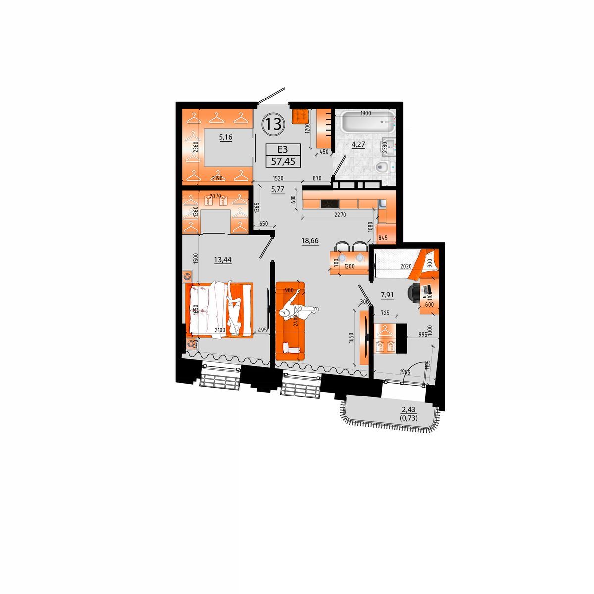 3-комнатная, 57.45 м², № Е-13 в Sunrise (Санрайс)