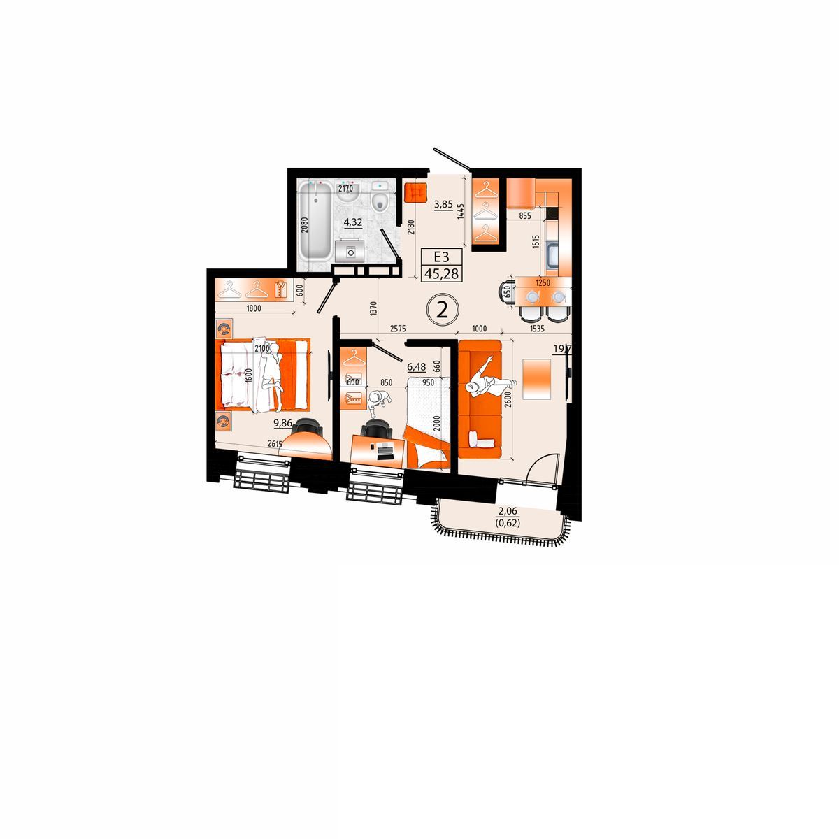 3-комнатная, 45.28 м², № Д-2 в Sunrise (Санрайс)