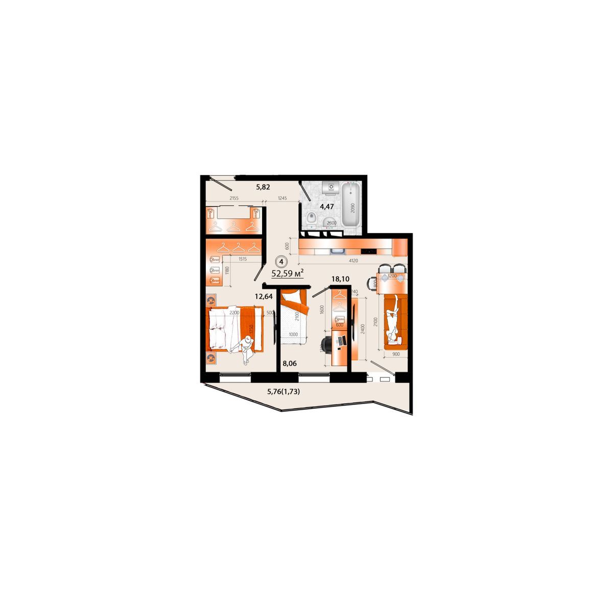 3-комнатная, 52.59 м², № Г-4 в Sunrise (Санрайс)