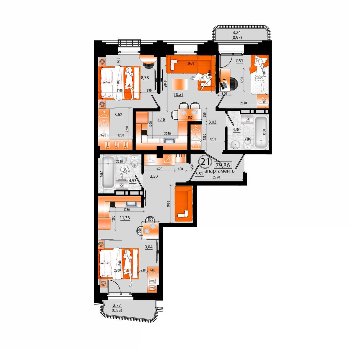 4-комнатная, 79.86 м², № Д-21 в Sunrise (Санрайс)