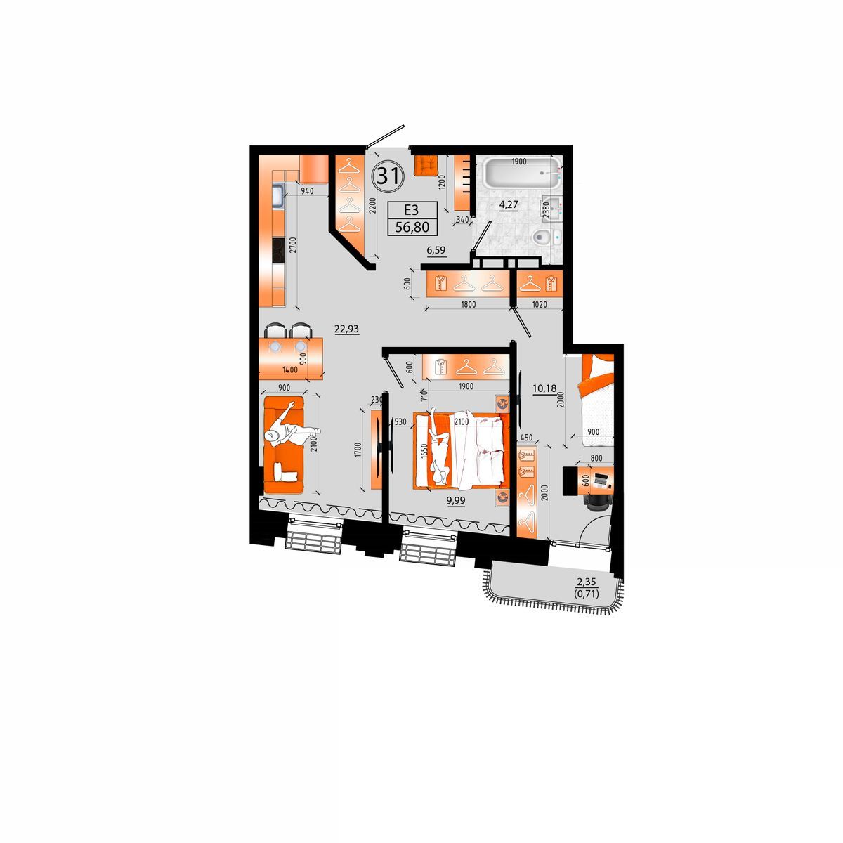 3-комнатная, 56.8 м², № Е-31 в Sunrise (Санрайс)