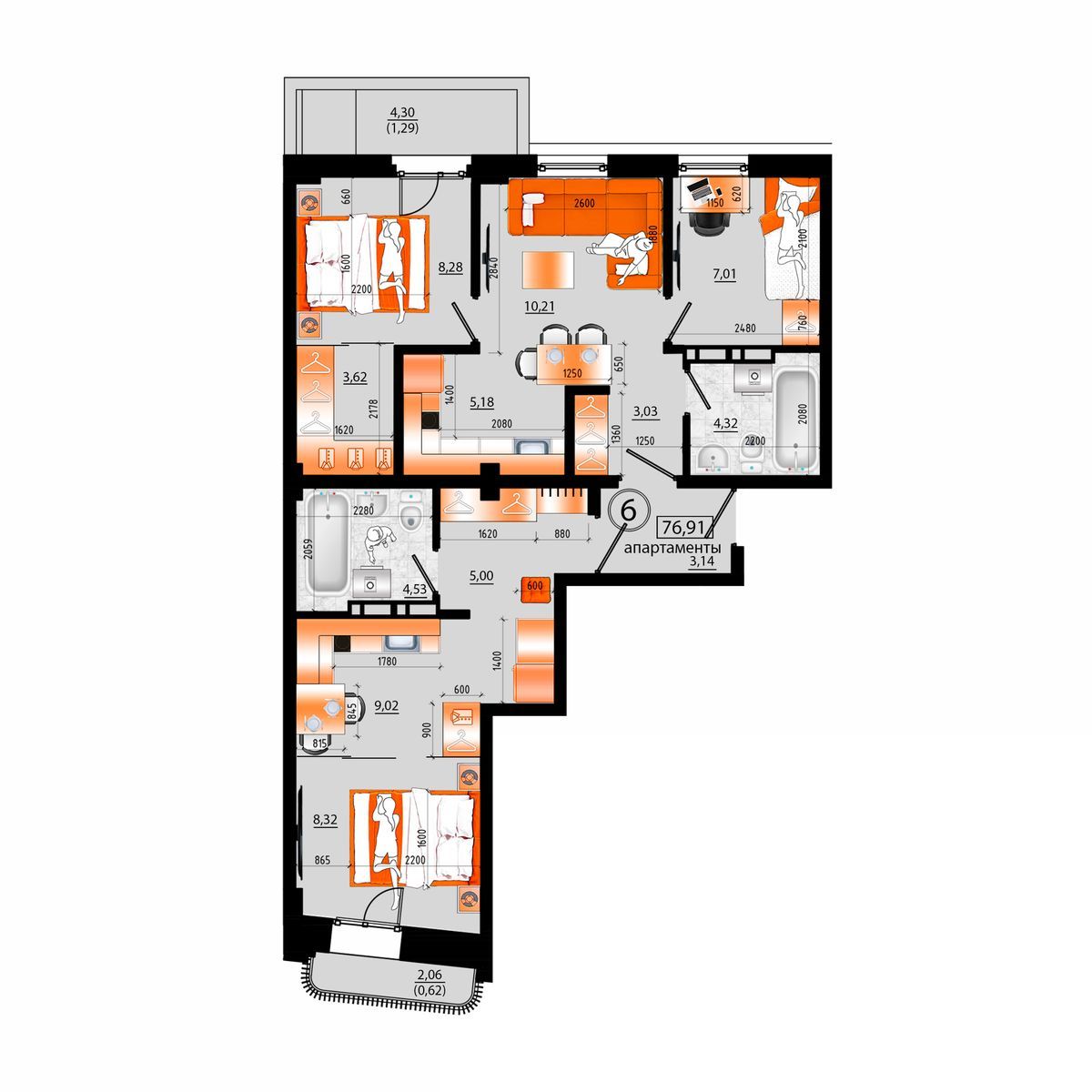 4-комнатная, 76.91 м², № В-6 в Sunrise (Санрайс)