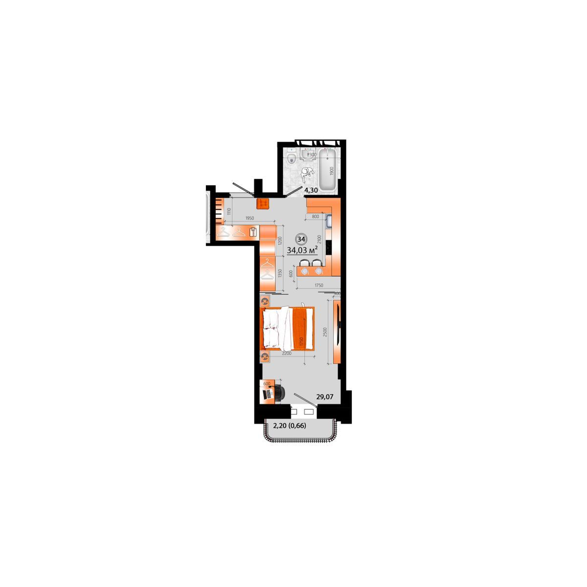 1-комнатная, 34.03 м², № Г-34 в Sunrise (Санрайс)