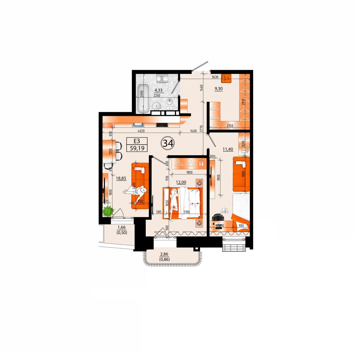 4-комнатная, 59.19 м², № А-34 в Sunrise (Санрайс)