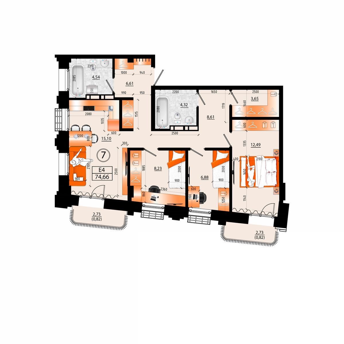 4-комнатная, 74.66 м², № Е-7 в Sunrise (Санрайс)
