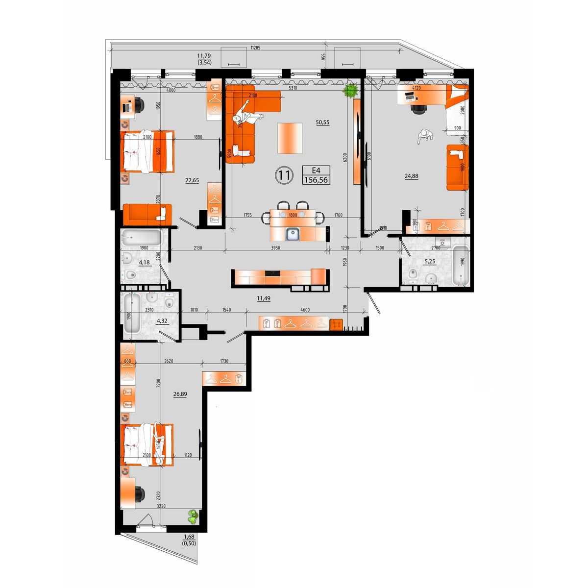 1-комнатная, 156.56 м², № А-11 в Sunrise (Санрайс)