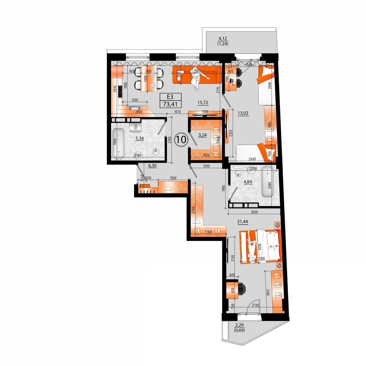 4-комнатная, 73.41 м², № В-10 в Sunrise (Санрайс)