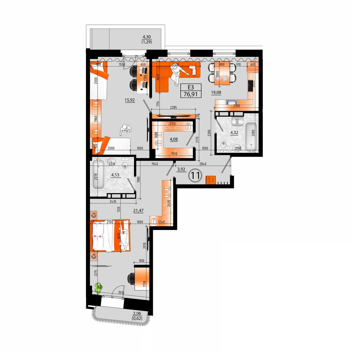 4-комнатная, 76.91 м², № В-11 в Sunrise (Санрайс)