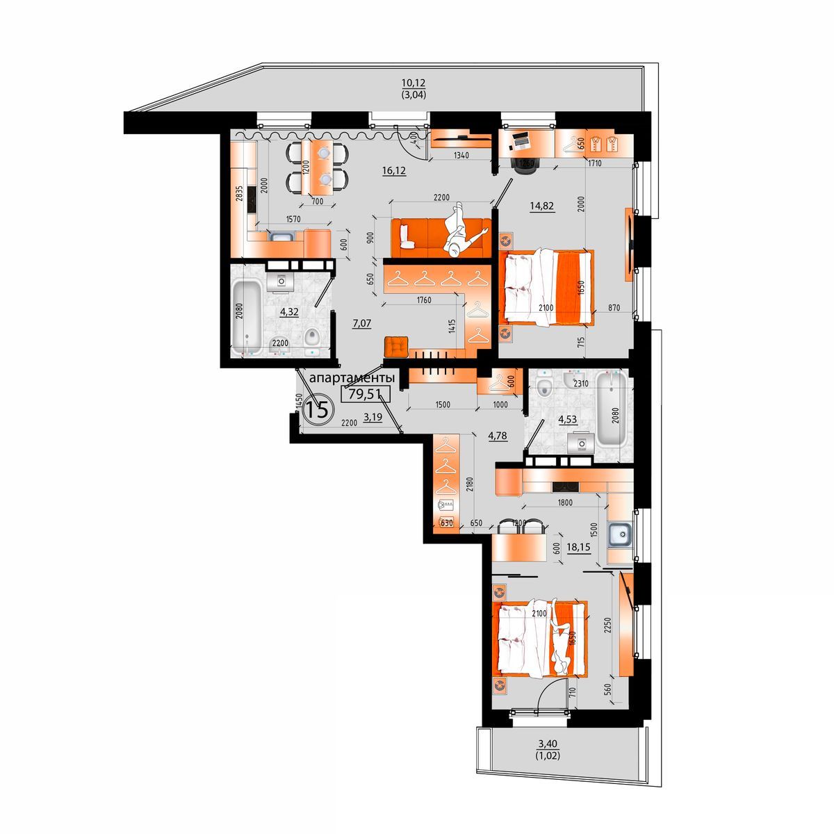 4-комнатная, 79.51 м², № Д-15 в Sunrise (Санрайс)