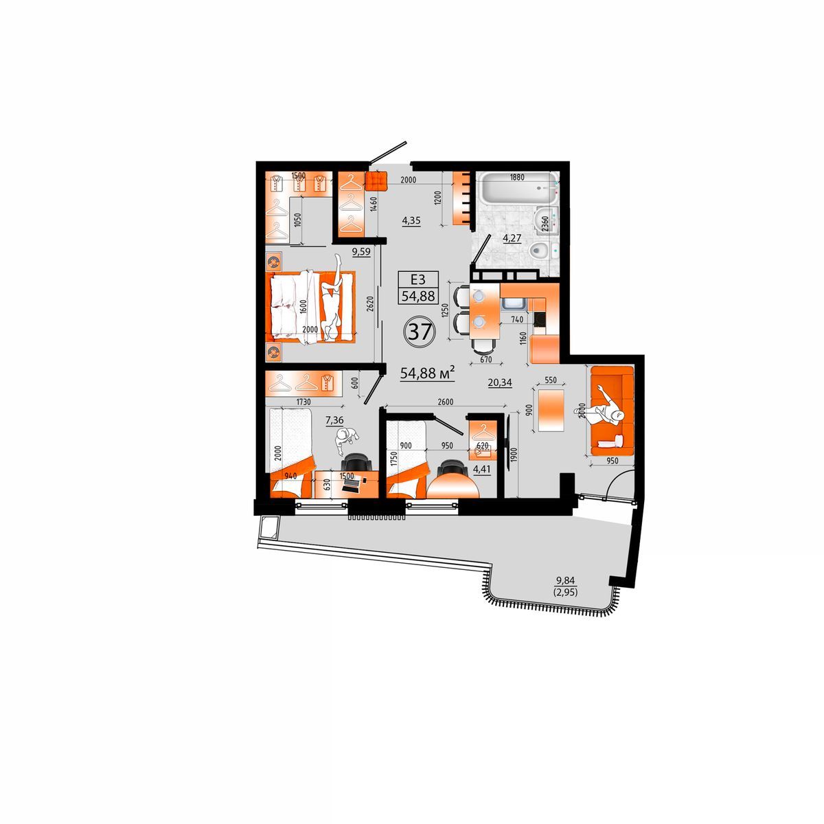 3-комнатная, 54.88 м², № Е-37 в Sunrise (Санрайс)