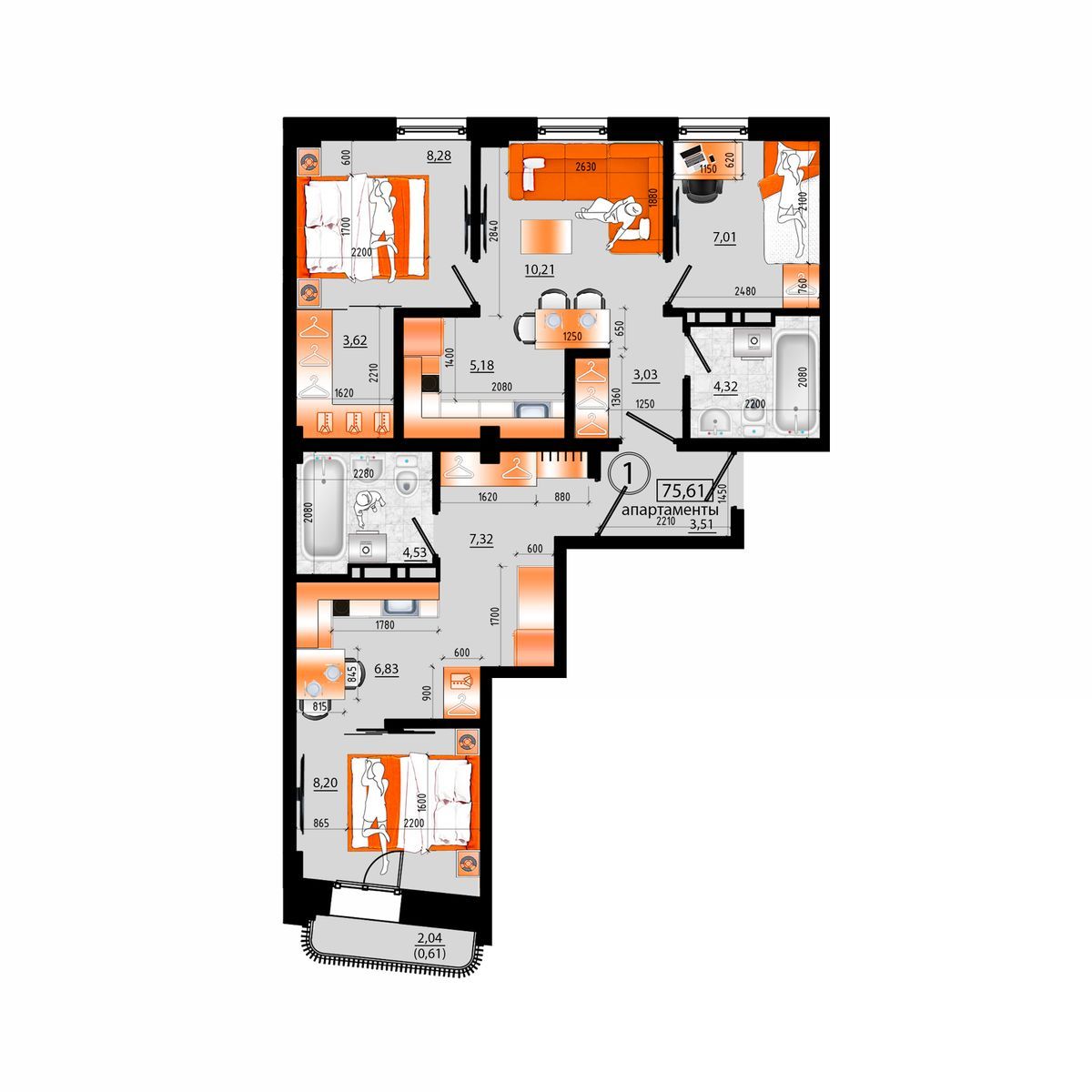 4-комнатная, 75.61 м², № В-1 в Sunrise (Санрайс)