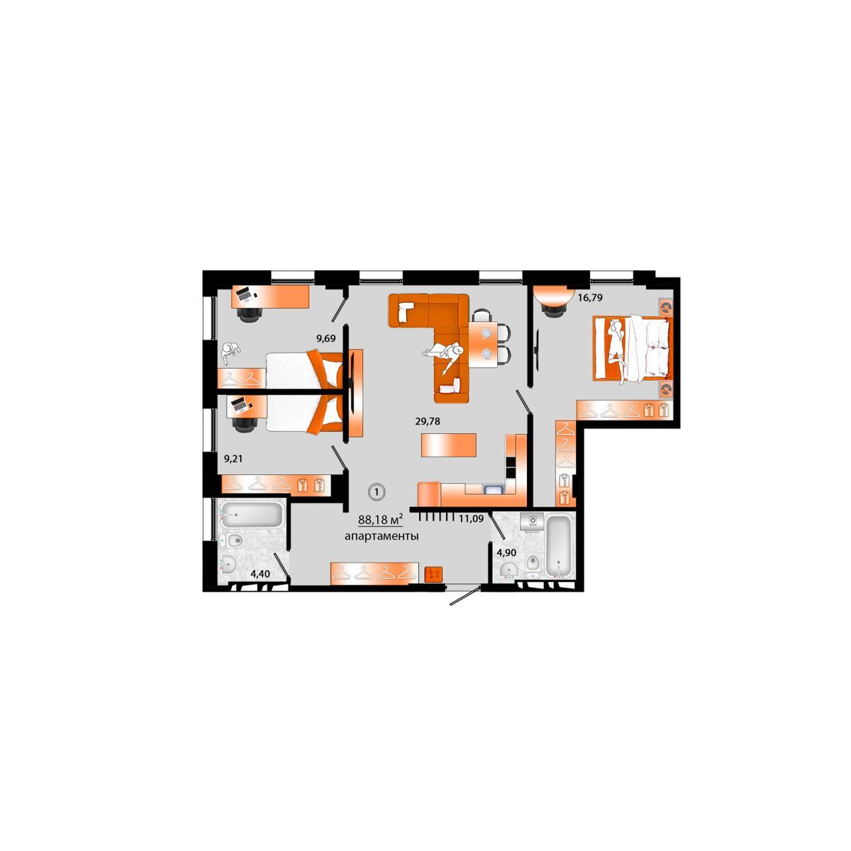 4-комнатная, 88.18 м², № Г-1 в Sunrise (Санрайс)