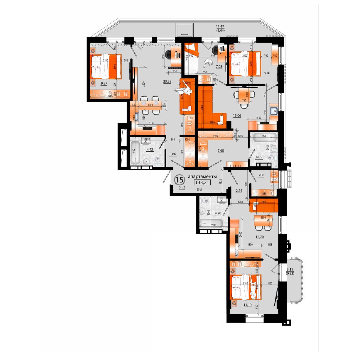 1-комнатная, 133.21 м², № А-15 в Sunrise (Санрайс)