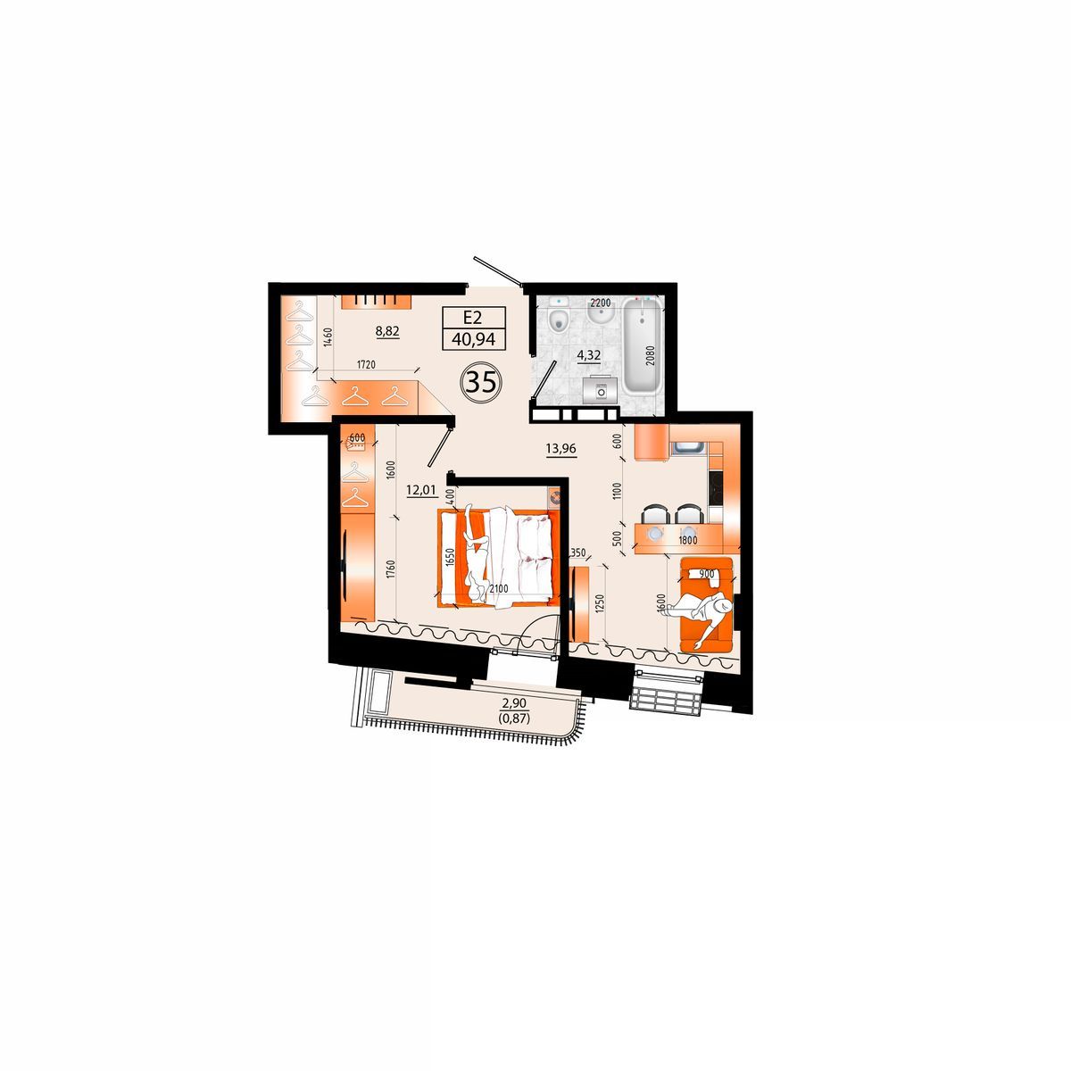 2-комнатная, 40.94 м², № Д-35 в Sunrise (Санрайс)