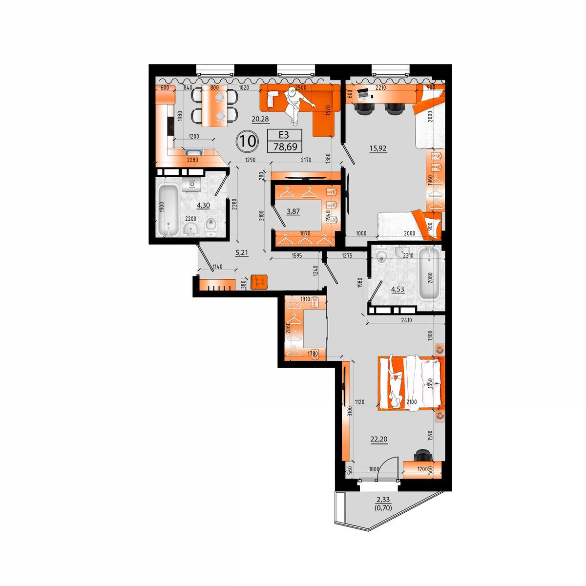 4-комнатная, 78.69 м², № Е-10 в Sunrise (Санрайс)