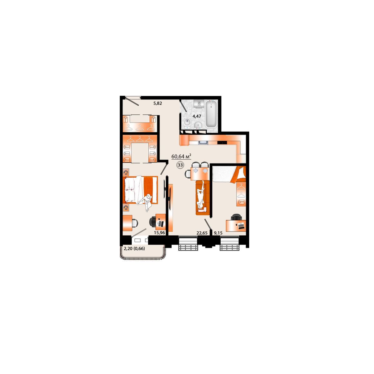 3-комнатная, 60.64 м², № Г-33 в Sunrise (Санрайс)