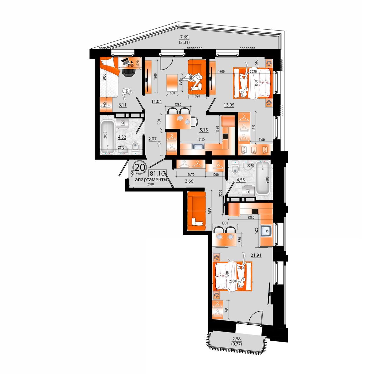 4-комнатная, 81.16 м², № Д-20 в Sunrise (Санрайс)