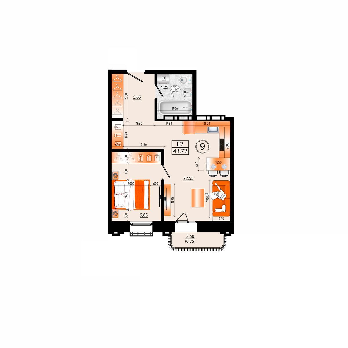 2-комнатная, 43.72 м², № А-9 в Sunrise (Санрайс)