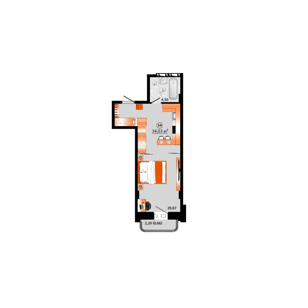 1-комнатная, 34.03 м², № Г-34 в Sunrise (Санрайс)
