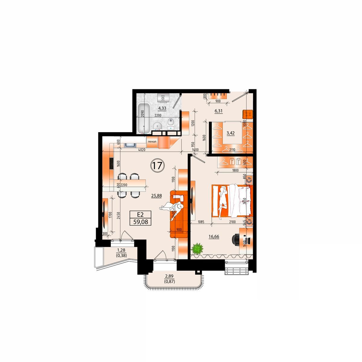 4-комнатная, 59.08 м², № А-17 в Sunrise (Санрайс)