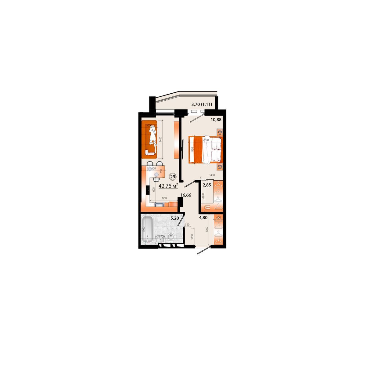 2-комнатная, 42.76 м², № Г-29 в Sunrise (Санрайс)