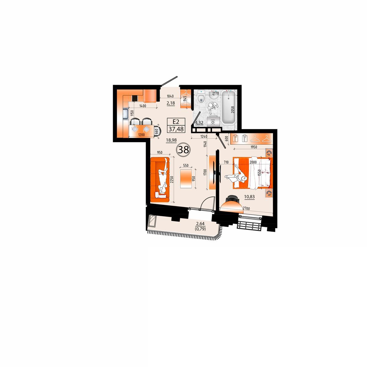 2-комнатная, 37.48 м², № Е-38 в Sunrise (Санрайс)
