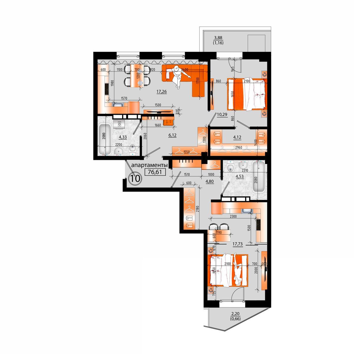 4-комнатная, 76.61 м², № Б-10 в Sunrise (Санрайс)