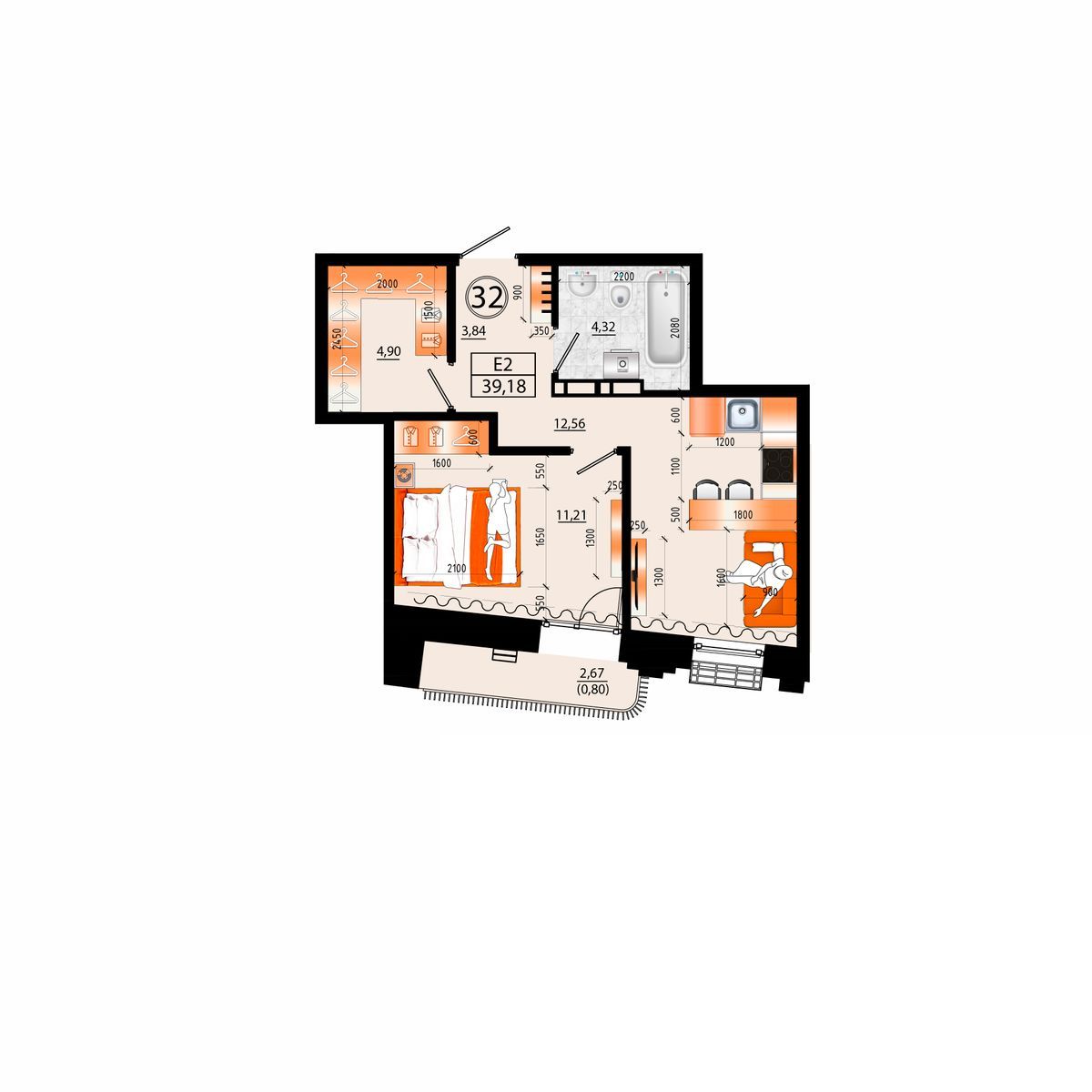2-комнатная, 39.18 м², № Е-32 в Sunrise (Санрайс)