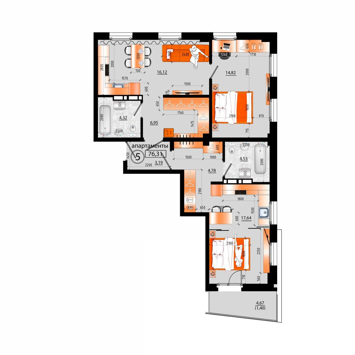 4-комнатная, 76.31 м², № Д-5 в Sunrise (Санрайс)