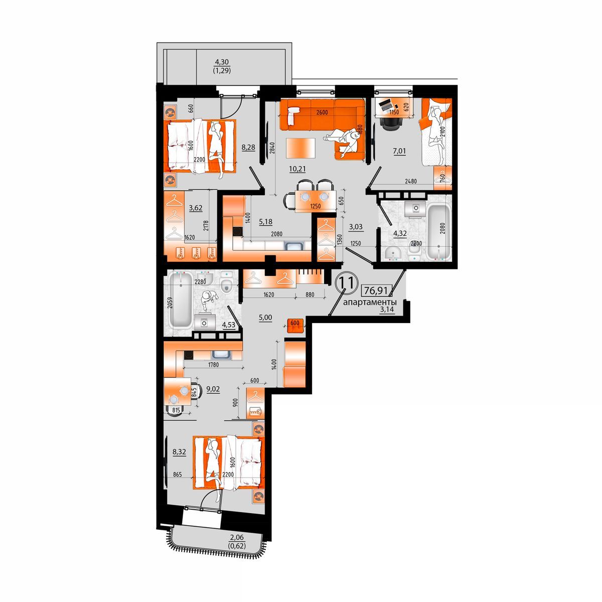 4-комнатная, 76.91 м², № В-11 в Sunrise (Санрайс)