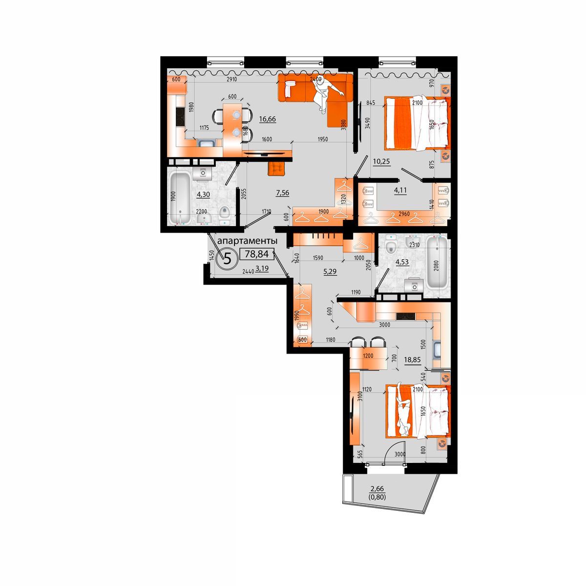 4-комнатная, 78.84 м², № Е-5 в Sunrise (Санрайс)