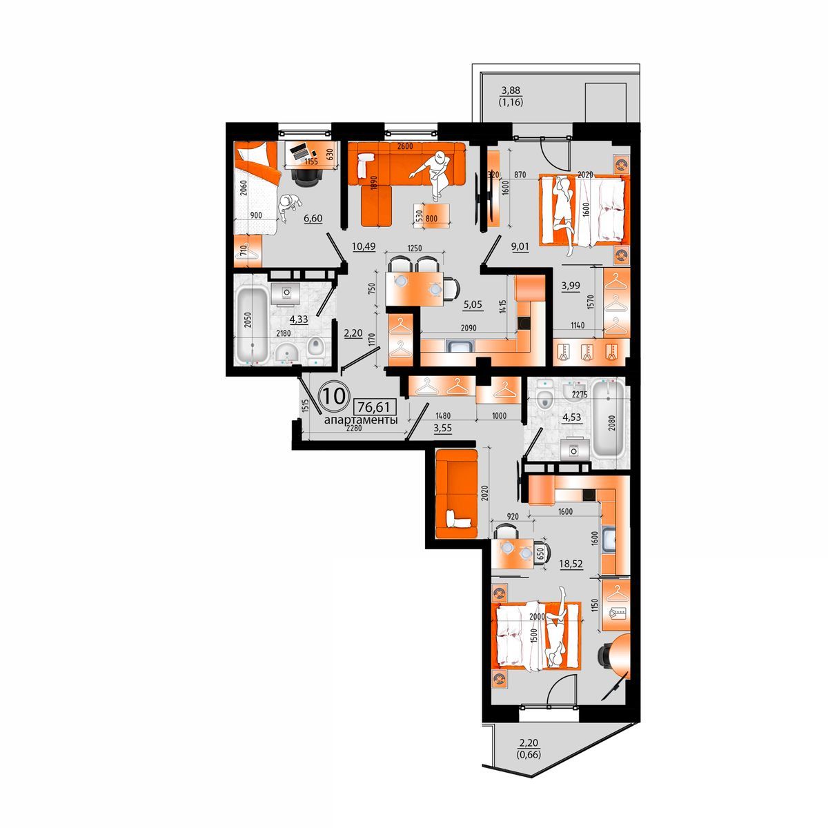 4-комнатная, 76.61 м², № Б-10 в Sunrise (Санрайс)