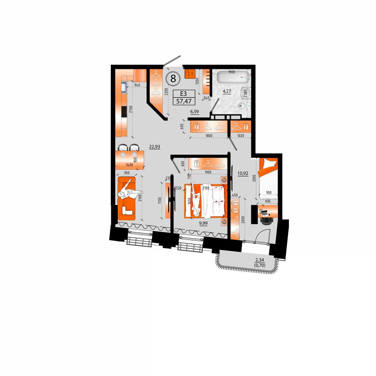 3-комнатная, 57.47 м², № Е-8 в Sunrise (Санрайс)