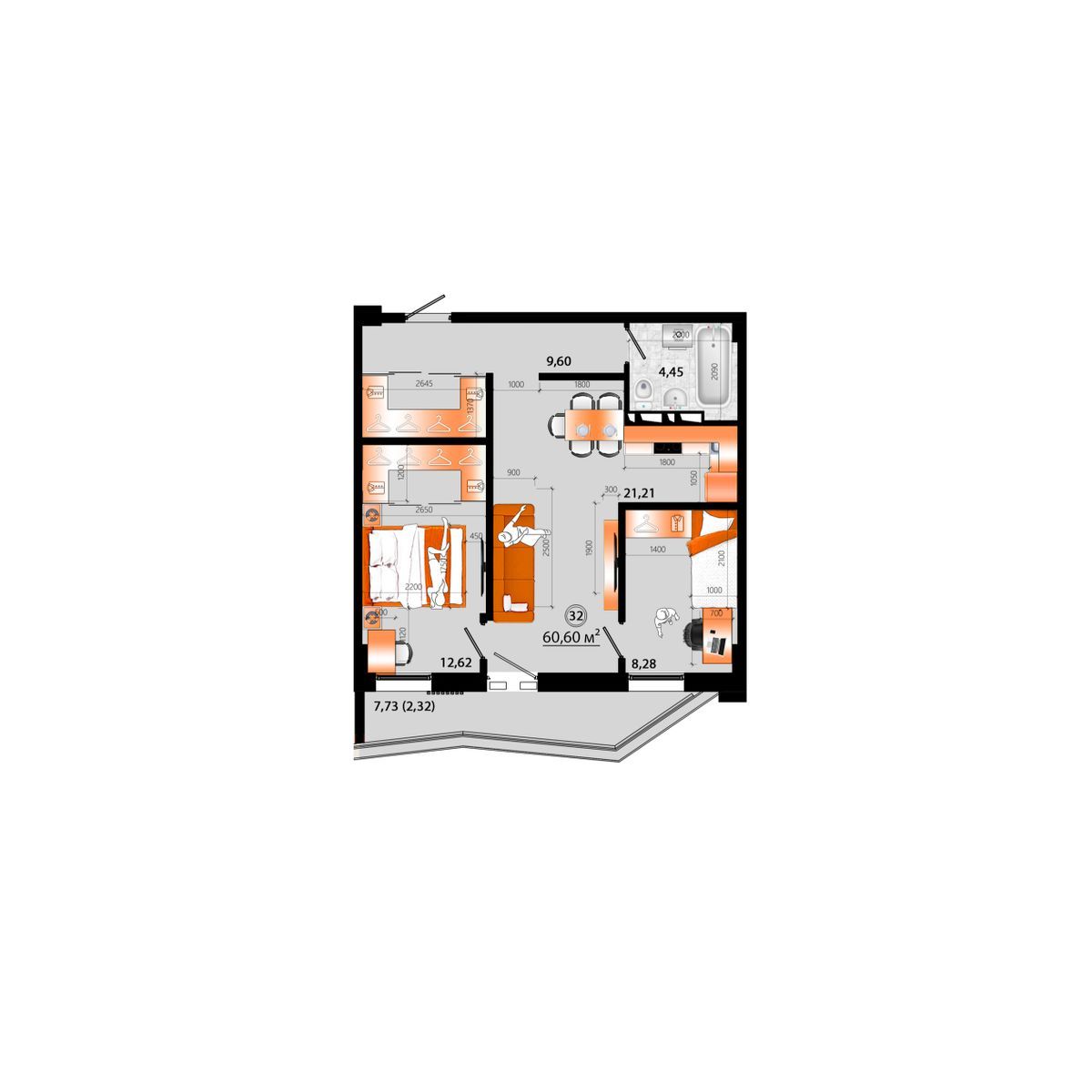 3-комнатная, 60.6 м², № Г-32 в Sunrise (Санрайс)