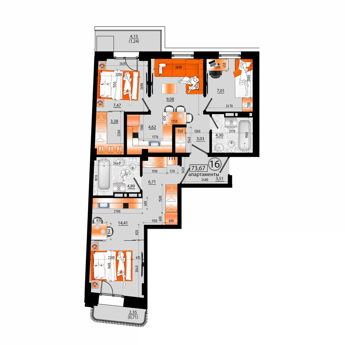 4-комнатная, 73.67 м², № Б-16 в Sunrise (Санрайс)