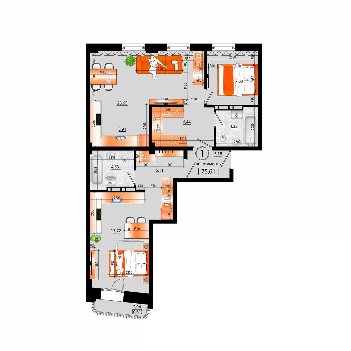 4-комнатная, 75.61 м², № В-1 в Sunrise (Санрайс)
