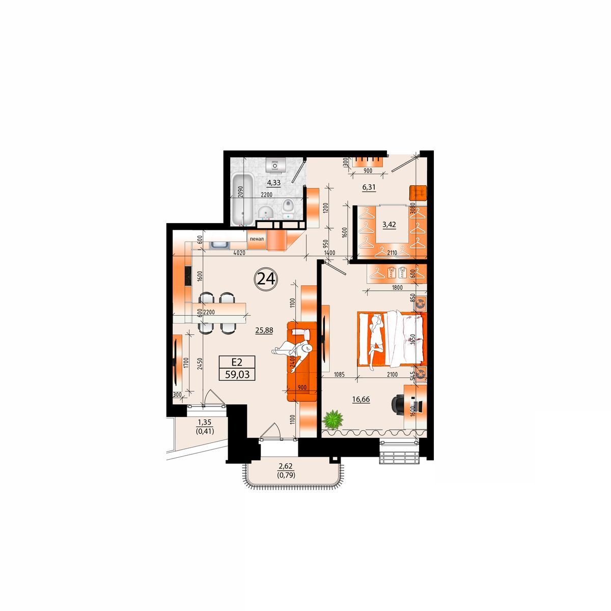 4-комнатная, 59.03 м², № А-24 в Sunrise (Санрайс)