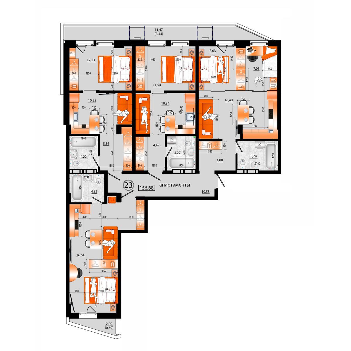 1-комнатная, 156.68 м², № А-23 в Sunrise (Санрайс)