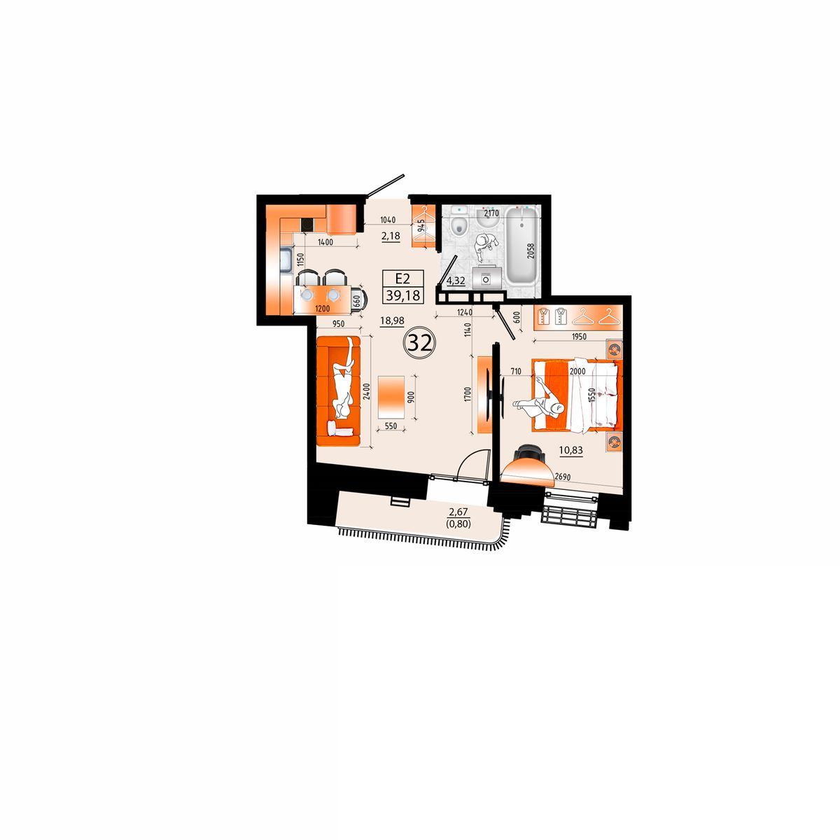 2-комнатная, 39.18 м², № Е-32 в Sunrise (Санрайс)