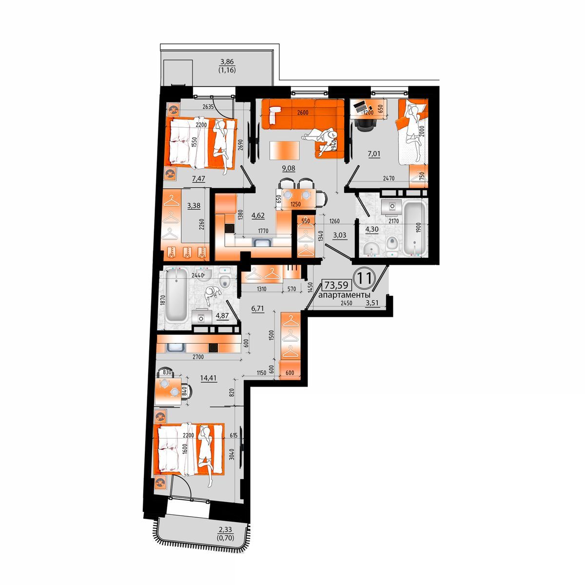 4-комнатная, 73.59 м², № Б-11 в Sunrise (Санрайс)